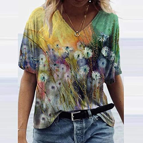 Женски летни врвови модна цветна маица за печатење случајна лабава плус големина врвови цвеќиња печатење на врвови за маици на вратот