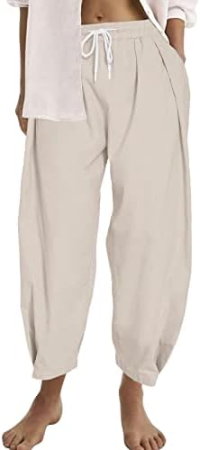 Панталони за патувања во миашуи за жени обична цврста боја лабава џебови еластични панталони за половината на појасот долга плус големина