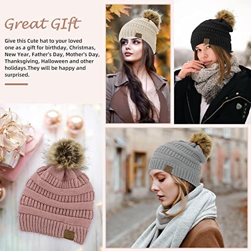 Зандо Сатен ги постави зимските капи за жени, жени, жени сатен, наредени со гравче со пом пом -бени, топла зимска капа плетена капи.