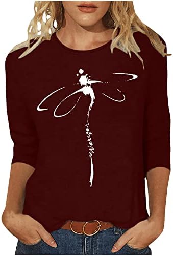 Обични блузи за дами 3/4 ракав екипаж Spandex Dragonfly графички опуштени врвови на врвови кошули тинејџери девојки jt