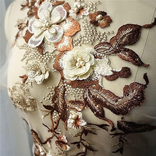 TBGFPO кафеави 3Д цвеќиња мониста Rhinestones Applides везени свадбени наметка за декорација мрежа Trims ткаенина шива на лепенка