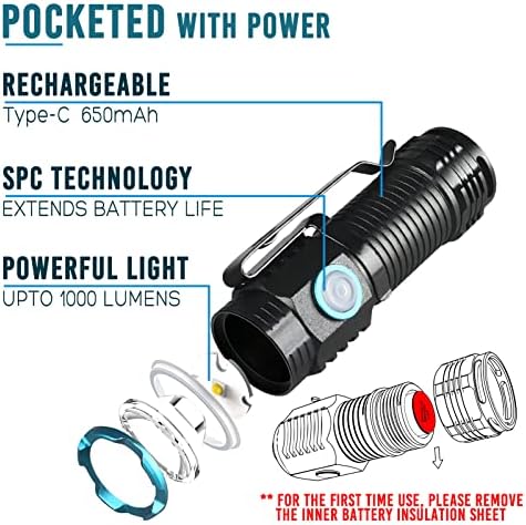 Flashlight Arcee Flashlight, компактен LED фенерче EDC со клип, 1000 lm светло моќен факел за додатоци за кампување, пешачење,