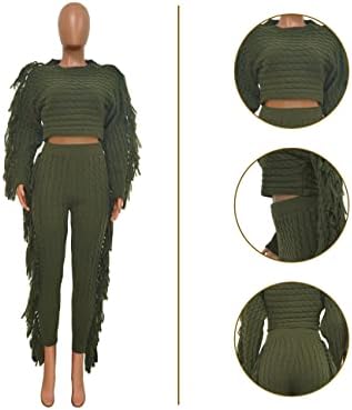 Комплети за џемпери за жени плетени ресни 2 парчиња облеки цврсти долги ракави исечени џемпери и панталони
