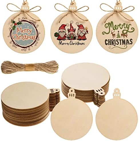 72 парчиња дрвени Божиќни украси, недовршени дрвени кругови со дупки, парчиња дрвени дискови за занаети, парчиња дрвени дрвени со канап за