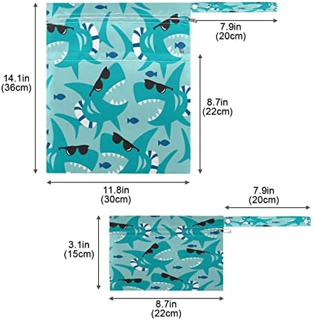 Кигаи 2 парчиња Влажни Суви Кеси за Пелени За Бебиња Слатки Ајкули Водоотпорна Влажна Торба За Повеќекратна Употреба Со Два Џебови Со