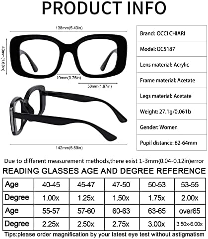Occi Chiari Womens Reading Glashes 2.0 Power Cute Cluters 1.0 1,5 2.0 2.5 3.0 3.5 4.0 5.0 6.0 голема рамка