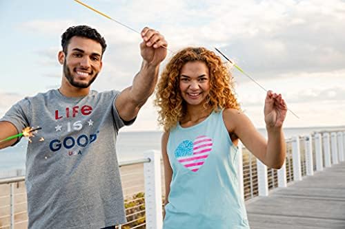 Lifeивотот е добар женски дробилка графичка маица со маица со акварел Американско знаме срце