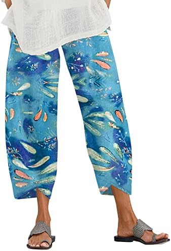 Летни панталони Капри за жени обични памучни постелнина еластична панталона на половината, залепени лабави плажа глуждот исечени