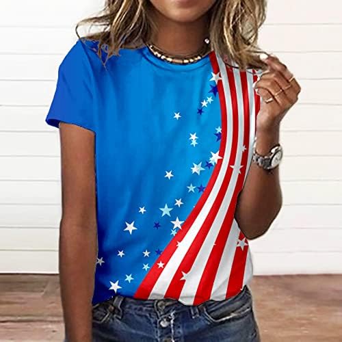 Маица со кратки Ракави За Девојки Врат На Екипажот Блок ВО БОЈА Знаме На САД Ѕвезда Графички Бранч Блузи Со Пруги Маици Жени 2023