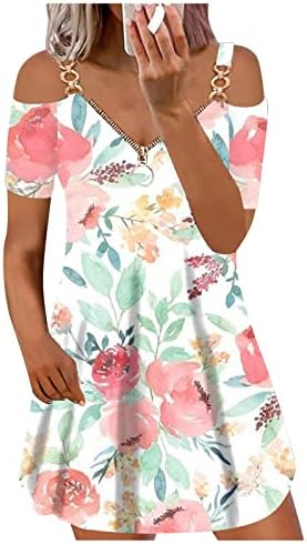 Женски фустани на плажа лето цветни отпечатоци од рамената со кратки ракави фустан со патент длабоко в вратот лабава фустани