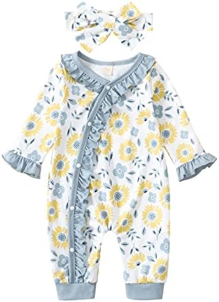Демохони новородено девојче Ромпер, цветни печати, рафле со долг ракав, едно парче, облечена облека за облека, облека од облека 0-18 месеци