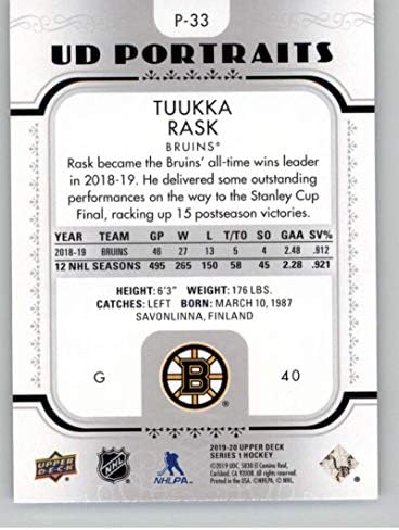 2019-20 Горна палуба хокеј серија 1 портрети P-33 Tuukka Rask Boston Bruins Официјална картичка за тргување со UD NHL