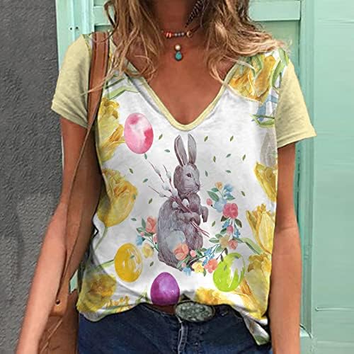 Велигденски кошули за жени кратки ракави v вратот Симпатична зајаче јајца графички печати фустани блуза случајно лабава вклопена
