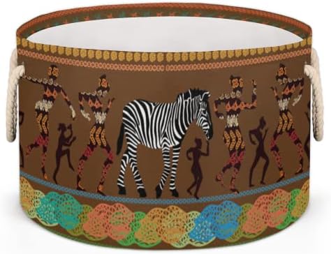 Африка уметност зебра големи тркалезни корпи за корпи за перење алишта со рачки ќебе корпа за складирање за полици за бања за организирање на