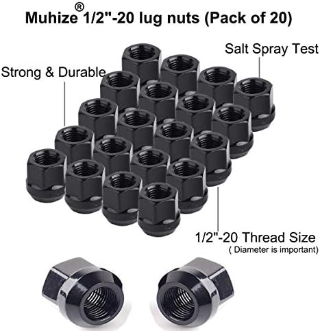 Muhize 20pcs 1/2 x 20 црно тркало навртки и мухизи 20 парчиња 1/2 x 20 хромирани тркала за лавчиња, 0,83 висок отворен крај