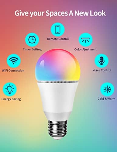 Паметни Светилки, E26 RGB Светилки За Менување На Бојата Alexa WiFi, 800LM, 2800~6000K, А19 Светилки Со Далечински Управувач На Апликации,