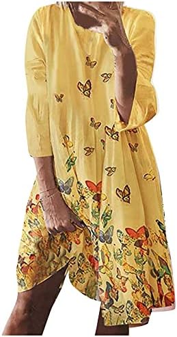 Fragarn женски плус фустани со големина долги ракави бохо -случајни принт плетиран туничен фустан околу вратот на вратот лабава забава за плажа