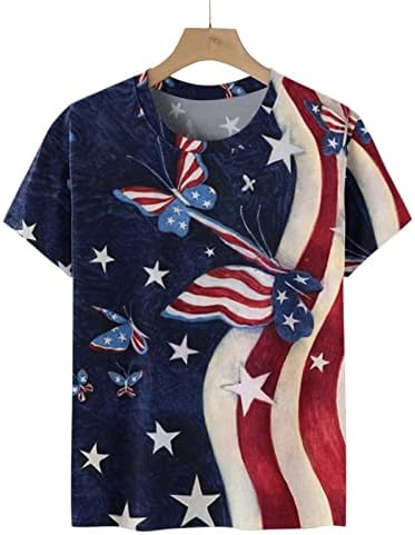 Женска Блуза За Вратот На Екипажот Краток Ракав 2023 Памук Американско Знаме Графичка Основна Врвна Кошула За Бранч ЗА Дами АБ