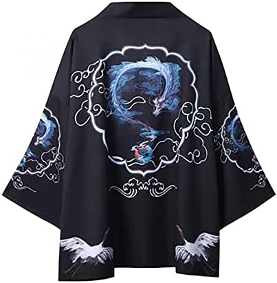 XXBR Јапонски кимоно кардиган за мажи отворен фронт драпет 3/4 ракав Укијое Змеј Печати лесен јакна од кошула на плажа