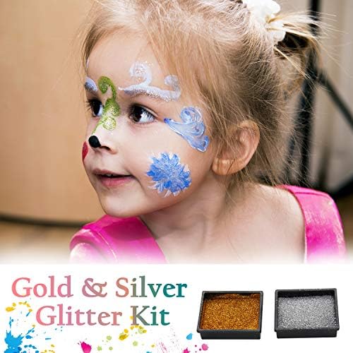 SWACC Комплети за боја на лице за деца - 20 бои за перење + сјај за злато и сребро + 30 матрици + 3 четки - Сликање на лице и сликарство