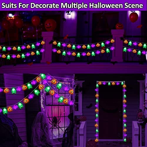 Турнмеон 10 ft 30 LED украси за Ноќта на вештерките 3 во 1 портокалови тикви Виолетова лилјаци Зелени пајаци жици светла батерија