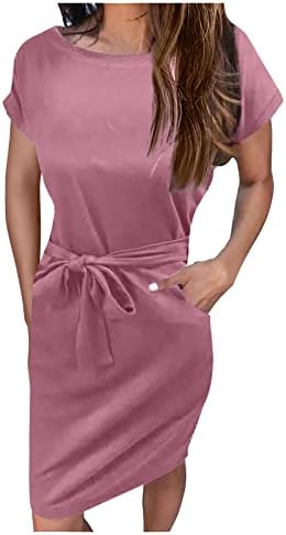 Зефотим Обични фустани за жени 2023 Елегантен бизнис краток ракав против вратот тенок фит фустан