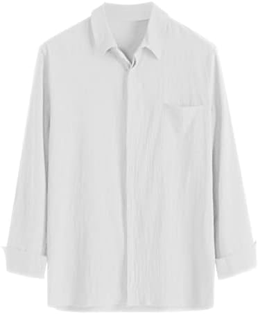 Машки обични постелнини блузи врвови против копчето со долг ракав на вратот надолу со цврсти кошули со боја со џеб на градите