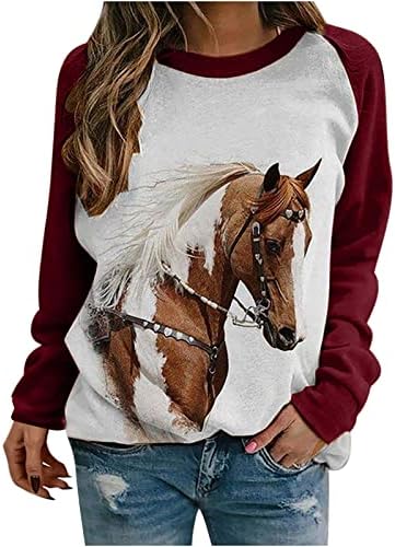 Женски коњи печати врвови со долги ракави етински кошули мода есенска облека лабава раглан екипаж пулвер симпатична џемпер