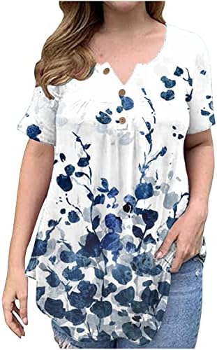 Жените Плус Големина Маичка Блузи Мода Скриј Стомакот Туника Повик Печатени Тече Хенли Маица Лето Краток Ракав V - Вратот Блуза