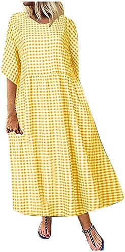 Зефотим Обични фустани за жени 2023 година Половина долги ракави карирани V вратот на половината Макси гроздобер моден кафтан фустан