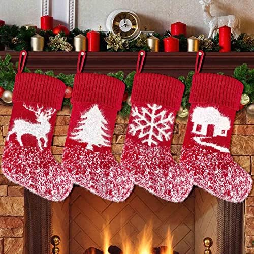 Senneny плетени Божиќни порибувања 4 пакувања, 17,5 ”црвени плетени Божиќни чорапи рачно изработени, големи плетени бургундски Божиќни чорапи