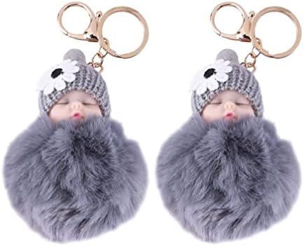 NUOBESTY Wallet Keychain Wallet Keychain Doll Pompom Keychain, Cute Fluffy Sleeping Baby Plush Doll Pendant for Girls Women Bag