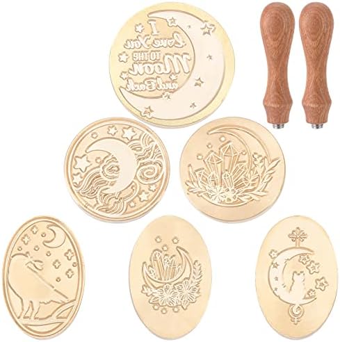 Craspire Wax Seal Pamp Moon Set 6pcs Гроздобер запечатување восочни марки Отстранливи месинг глави со 2 парчиња дрвени рачки за свадбена