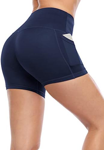 Атлетски шорцеви со високи половини на кадмус за женски јога фитнес што работи шорцеви со длабоки џебови