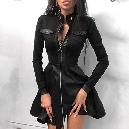 Chrortенски краток патент црн фустан со висок врат печати секси мини фустан со долги ракави, линија за една вечер забава харајуку, официјални
