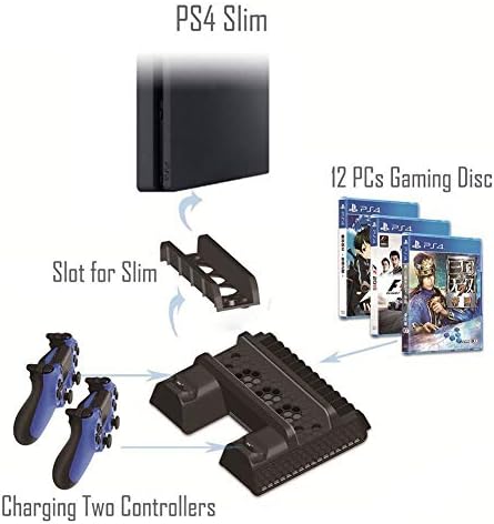 Погоден за PS4 Slim Pro All-in-One Fan Base Base, 2 пристаништа за полнење/контролори, одвојлив и преносен вентилатор за ладење