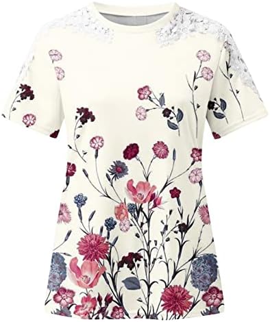 Летна маица за жени 2023 мода печатена маица чипка кратки ракави блуза околу вратот Обични врвови