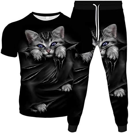 Honeystore машки симпатична мачка кучиња печати 2 парчиња тренерки летни кратки џогери панталони