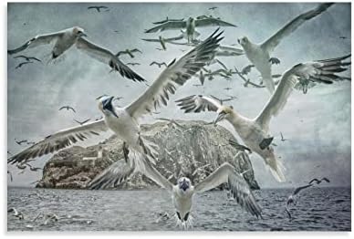 Група на летачки галеби фантазиски постер за животни, морско ниво на островски пејзаж постер платно платно постери и отпечатоци wallидни