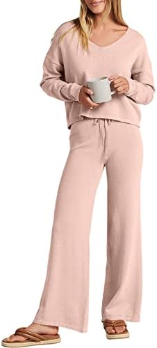 Anrabessенски женски облека со две парчиња долги ракави против вратот на вратот со високи половини широки панталони за нозе, џемпер,
