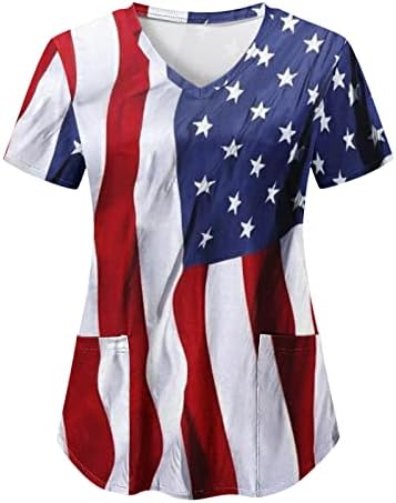 Кошули со американско Знаме За Жени 4 јули Лето Маица Со Кратки Ракави Против Вратот со 2 Џебови Блузи Празнична Секојдневна