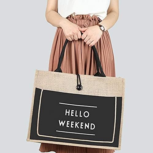 Jossoioj Здраво викенд печатени обичај торбички со тота со јута со платно предниот џеб што може да се употреби природни вреќи со бурлап