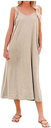 Amxyfbk женски солидна боја без ракави V-вратот лабава фустан со фустани со фустани без грб, џебови ретро сандерс