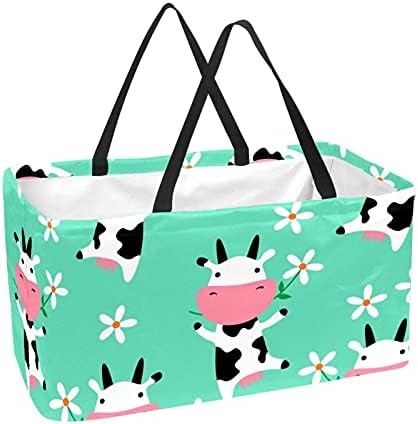 Кошар за еднократно шопинг, симпатична крава крава Дејзи, цвеќиња, преносни преклопни пикник намирници торбички за перење, торба