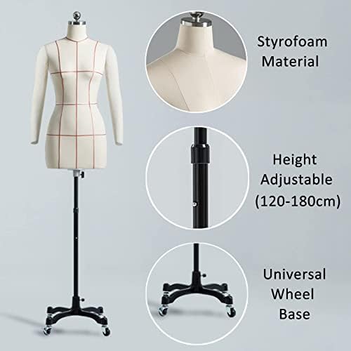 Форма на фустан Кингјуан, женски манекен торзото ткаенина, модел за шиење на телото, одвојлива метална тркалачка база, 47 -70 прилагодлива