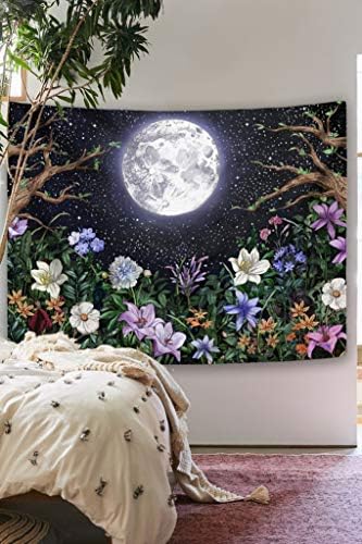 Neasow Gardenетски Месечината Градина Таписерија Ѕид Виси, Ноќ Пејзаж Со Шарени Растенија Цветни Таписерии За Спална Соба Дома Декор Мулти