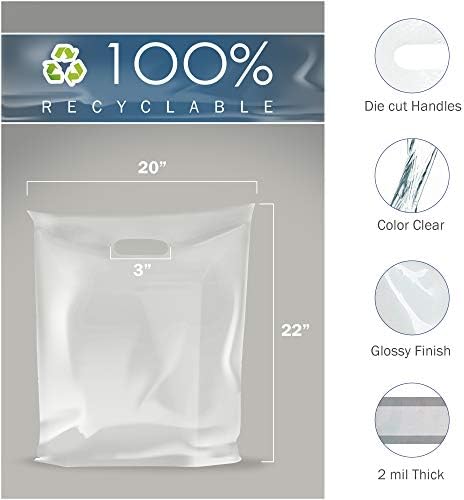 Екстра големи чисти торби за стоки - Сјајна пластика совршена за малопродажба - 100 пакувања 20 x 22 x 2 мил дебела - рачки