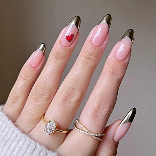 Денот на вinesубените, притиснете на ноктите срце лажни нокти средна форма на бадем акрилни нокти злато француски врв слатка