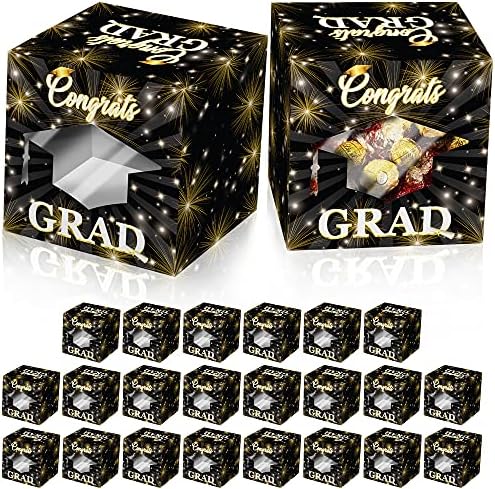 Кутии за бонбони со црно -злато - пакет од 25 со транспарентен прозорец | 2023 Фајл за дипломирање за гости | Фаворит за дипломирање 2023