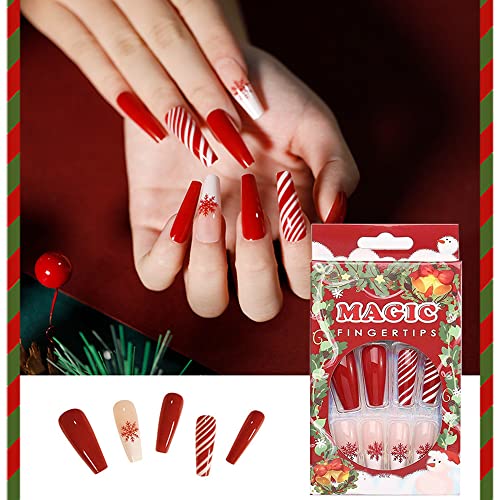 Божиќни лажни нокти Црвена снегулка Прес на нокти средна должина Божиќни украси за нокти ковчег за лепак за нокти за лажни нокти